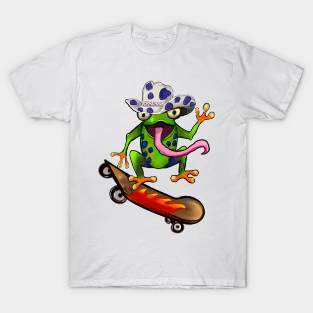 Frog Kawaii Froggy Skateboarding Cute Frog in blue Texas cowboy hat Funny toad toads amphibian tadpole Green Red eyed tree frogs rain forest Lizard dragon zoology gift frog T-Shirt by Artonmytee